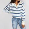 Women's Knit Long Sleeve Rib Lapel Striped Sweater Knitwear Pullover Sweaters