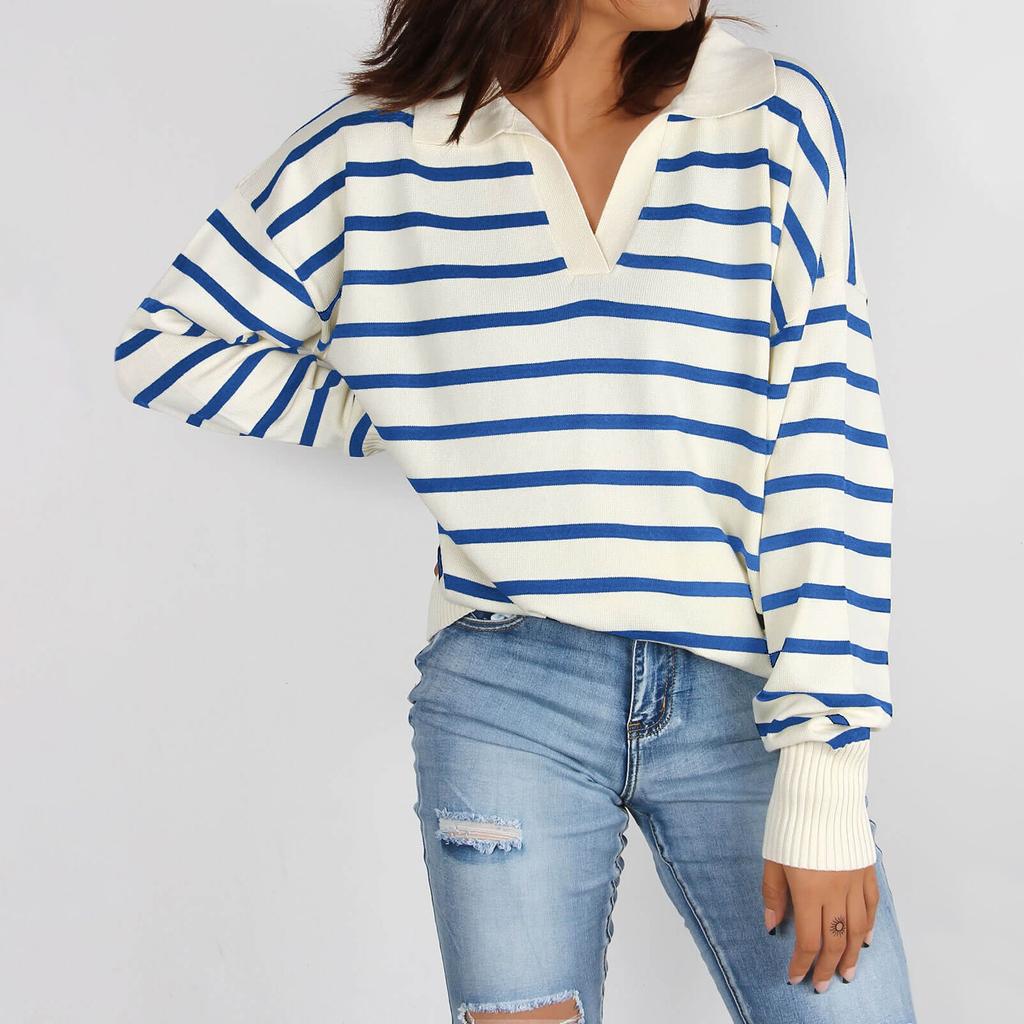Women's Knit Long Sleeve Rib Lapel Striped Sweater Knitwear Pullover Sweaters