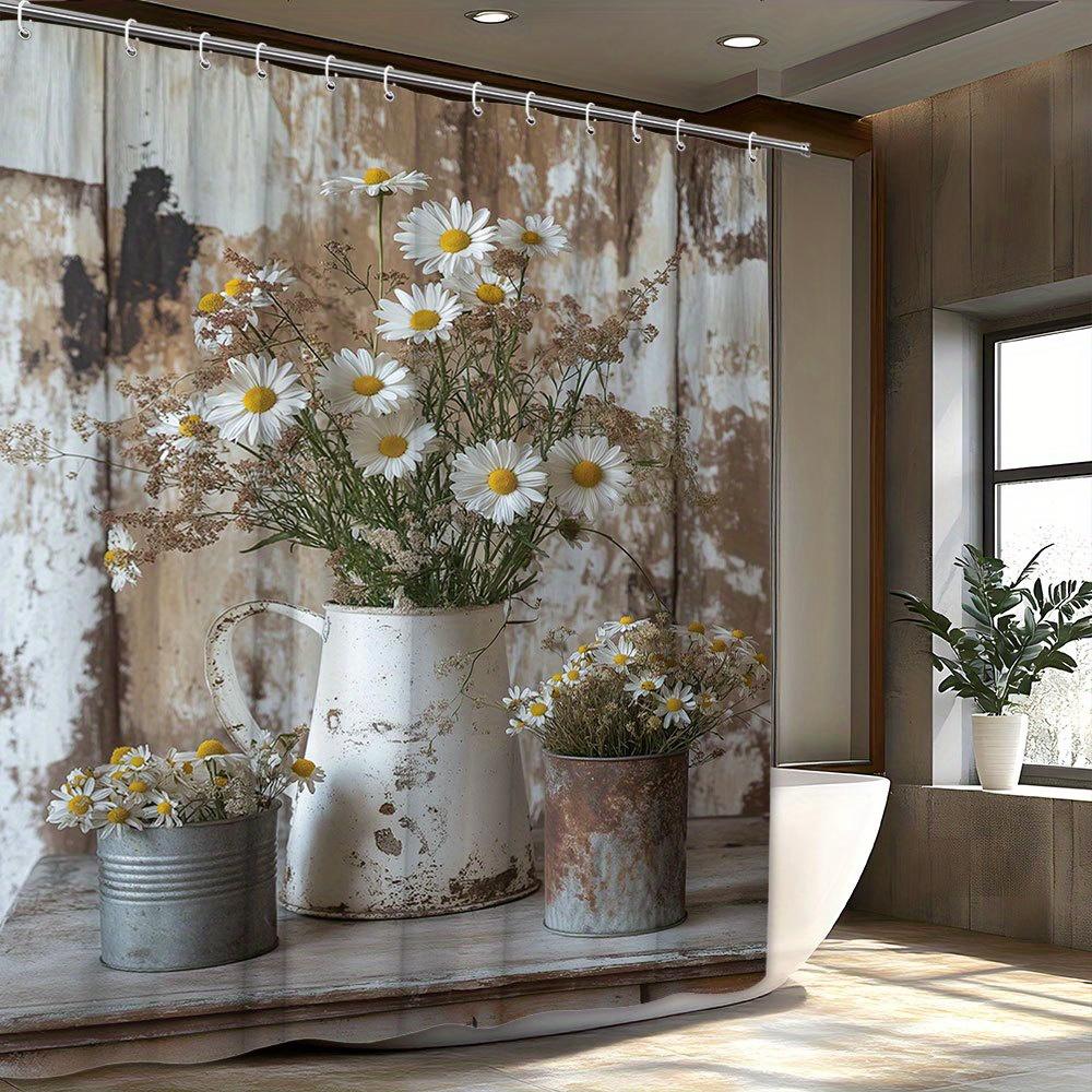 

1Pc Rustic Vintage Farmhouse Shower Curtain With White Daisies & Metal Buckets Design, 70X70 Inch Machine Washable Fabric Bathro W60H190(CM)-1 Pcs