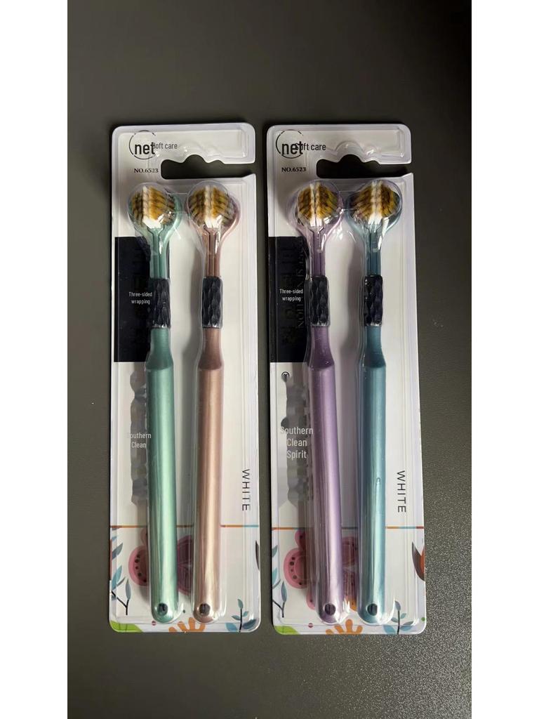 Three-Sided U-Shaped Toothbrush with Soft Bristles & Tongue Scraper, Macaron Colors.