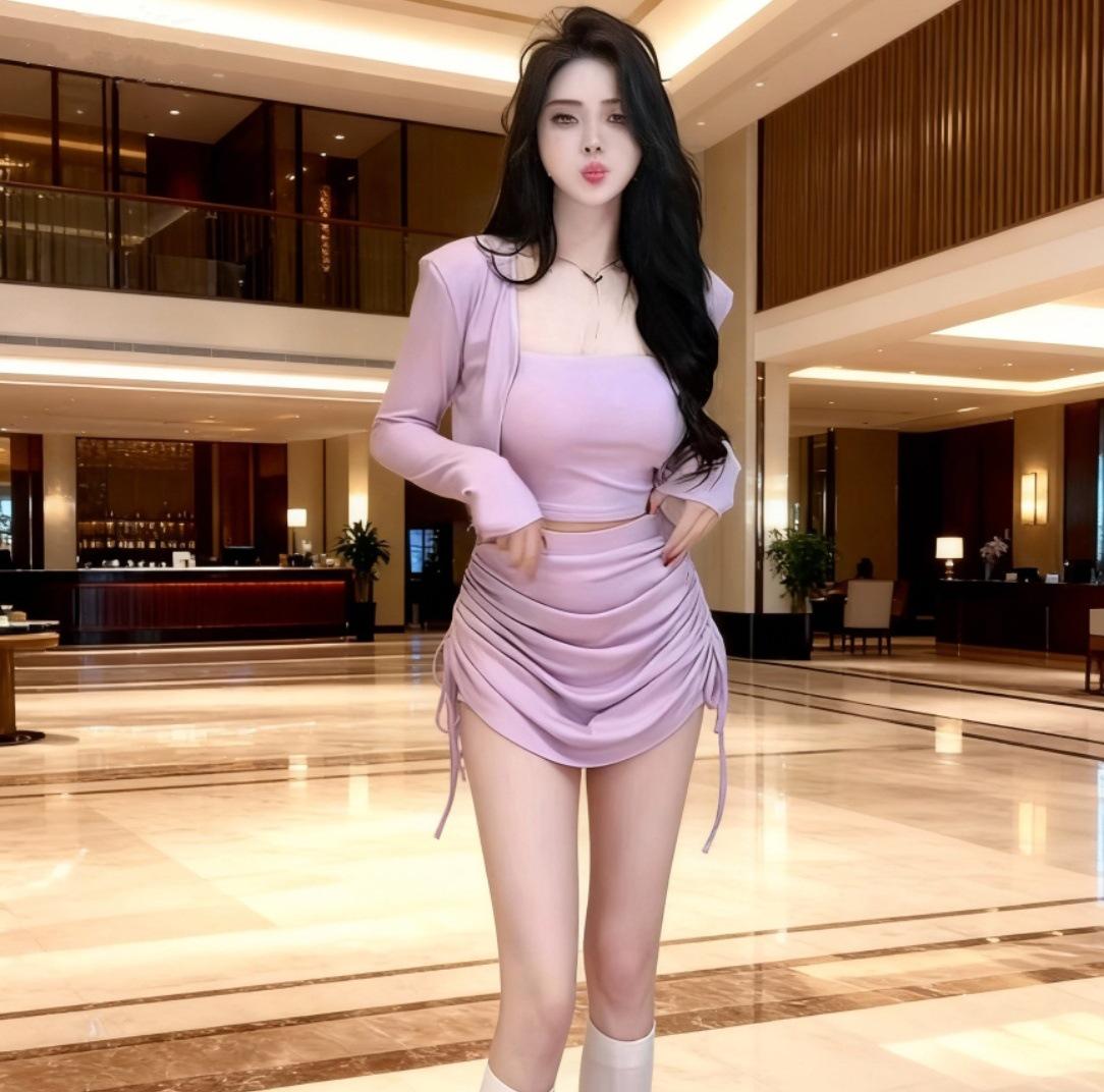 

Spicy American Girl Korean-Style Long Sleeve Shawl Vest & Bodycon Skirt Set S
