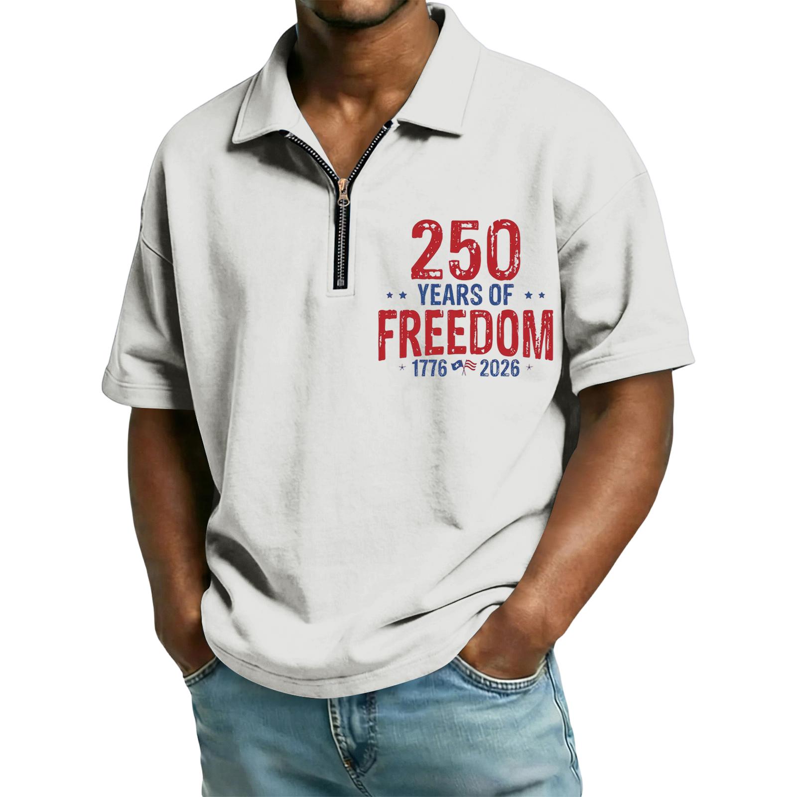 

Men’s Short Sleeve Zip Collar T Shirt with 250 Years of 1776 2026 Print Casual Fit Top XXL белый
