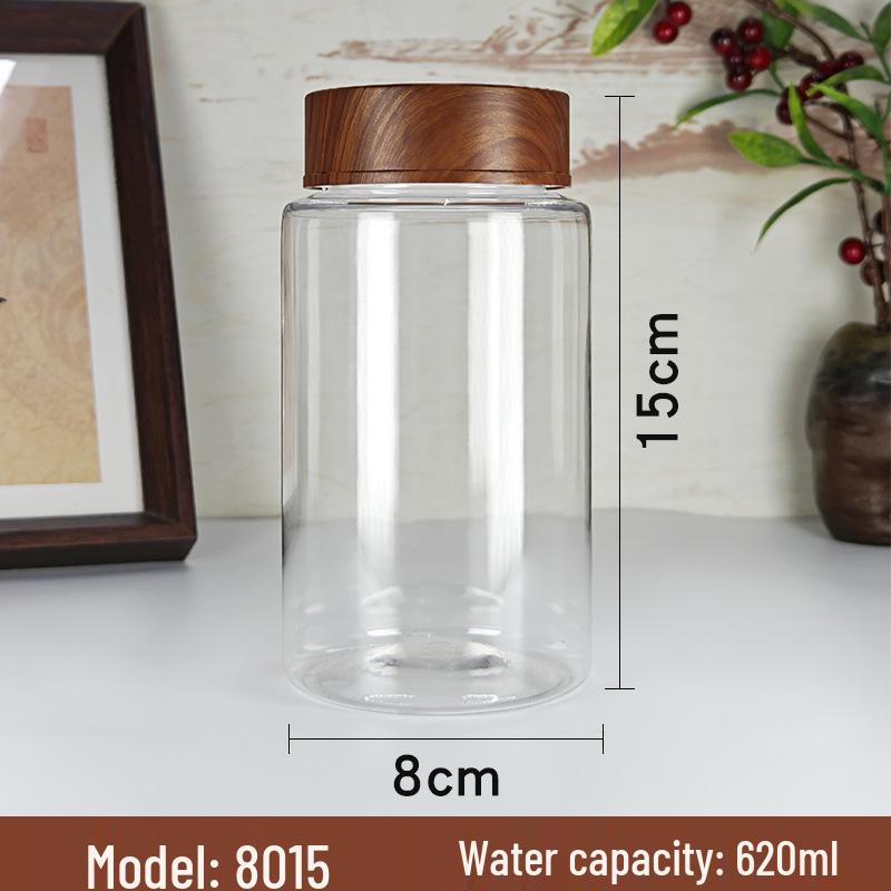 PET Plastic Storage Jar with Imitation Wood Grain Lid, High Transparency, Food Grade for Medicine, Herbs, Tea, Flowers, Grains, and Nuts.