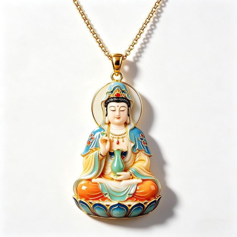 Collier Pendentif Guanyin en Alliage de Zinc Fait Main avec Base Lotus Design Relief Floral Souvenir de Voyage pour Femmes Hommes