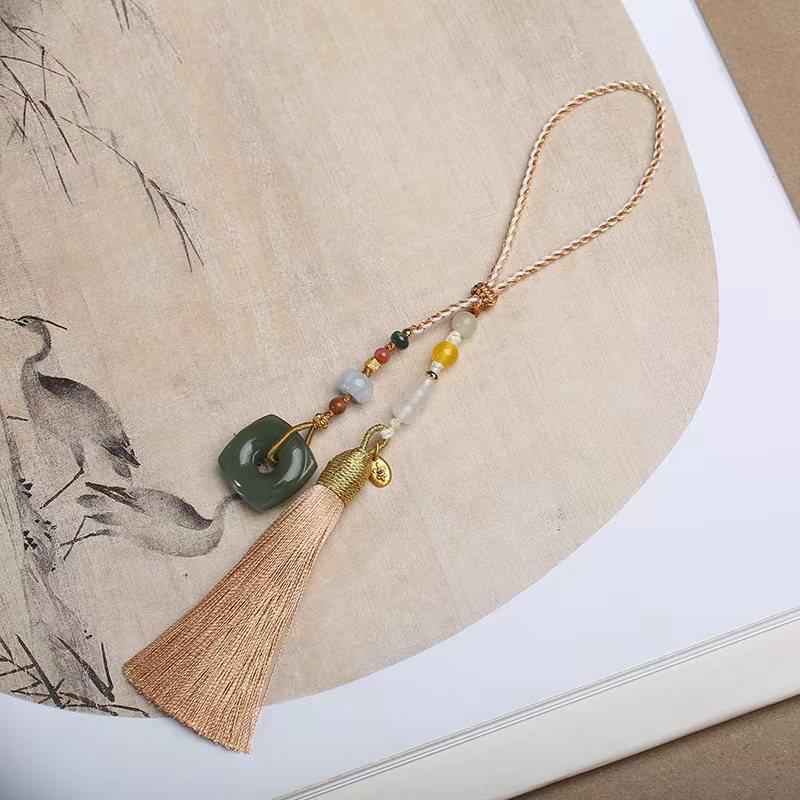 Hand-Woven Chinese Lanyard with Hetian Jade, Agate Beads & Tassel Charm