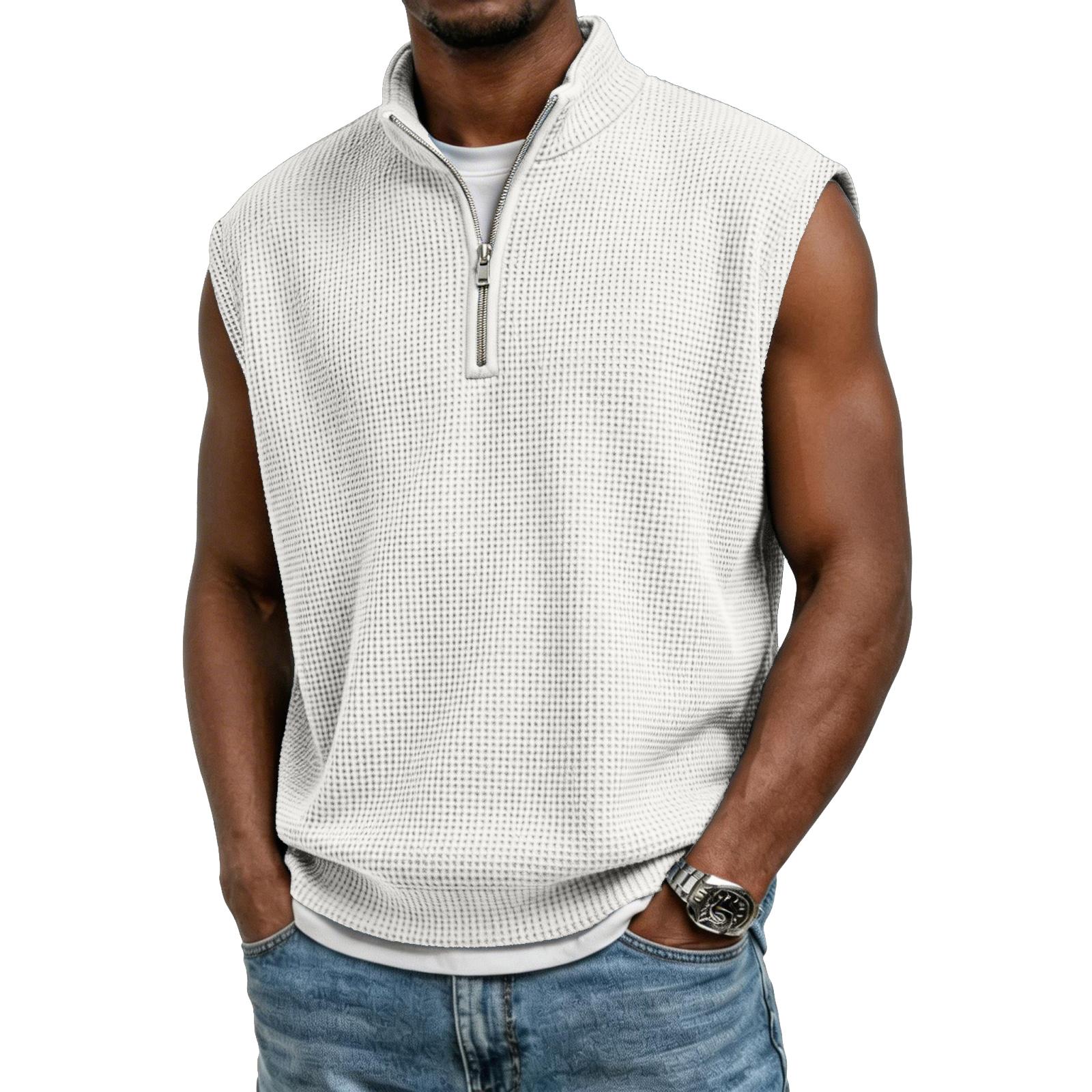 

Men s Casual And Fashionable Stand-up Collar Vintage Top - Men s One-third Zipper Stand-up Collar Sports Sleeveless Top XL білий