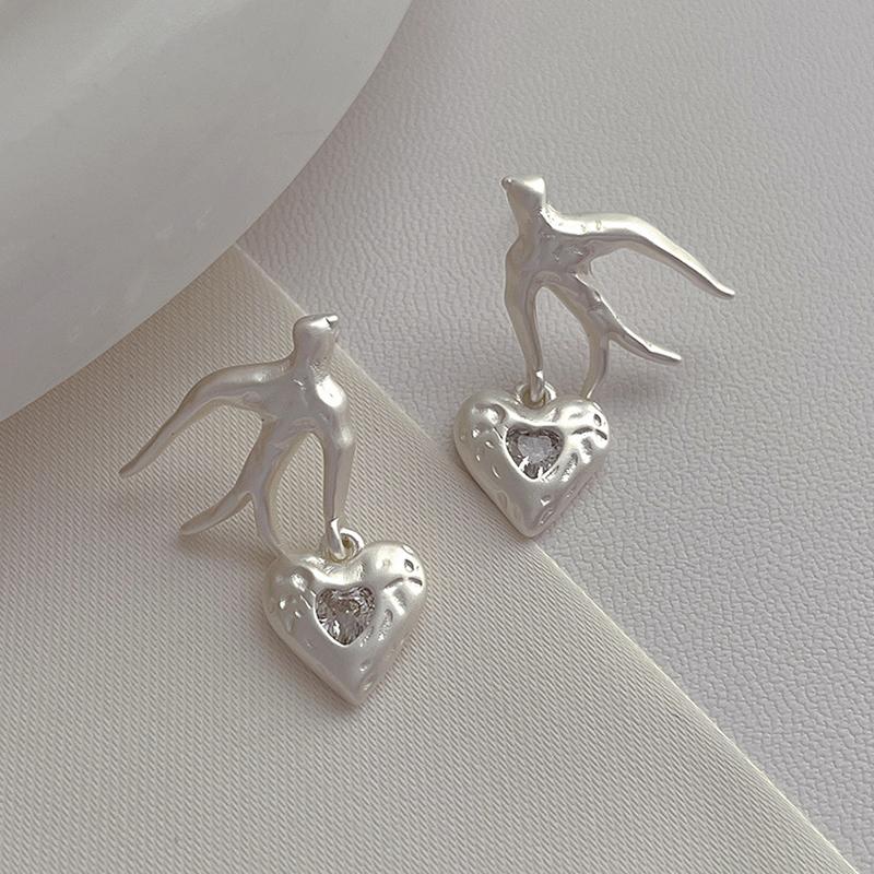 

ANENJERY Серьги из металла с птицей и сердцем из циркония для женщин, уникальные, особенные, гламурные, ювелирные подарки, оптовая продажа, вечеринка серебряный
