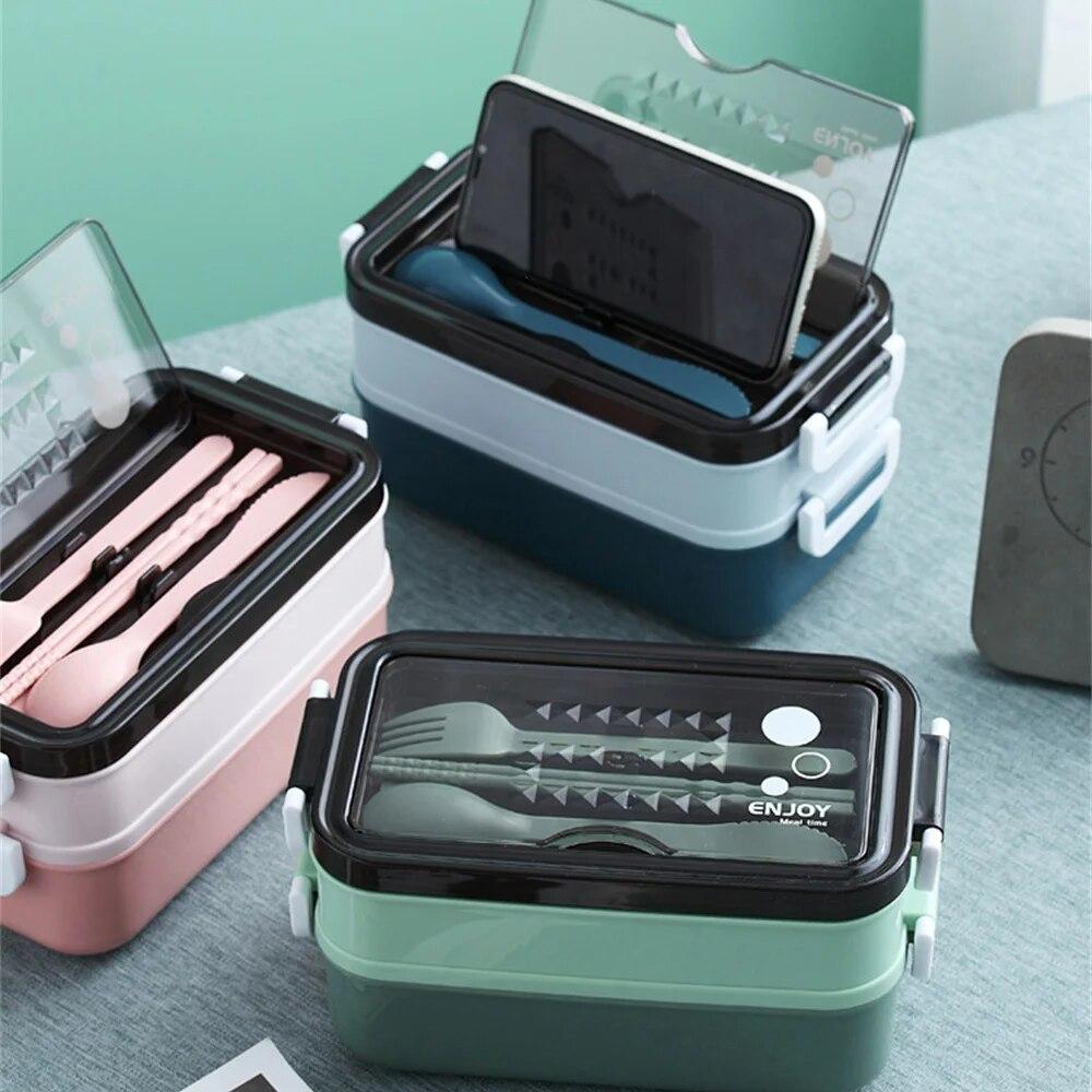 Doppelschichtige Lunchbox Tragbare Fach-Lebensmittelbox Mikrowellen-Lunchbox mit Gabel, Stäbchen und Löffel Picknick-Frischebox