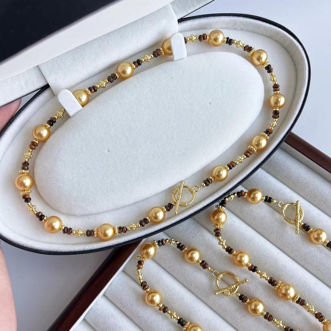 French Maillard High Quality Natural Tiger S Eye Stone Warm Gold Artificial Highlight Seawater Pearl Sweater Chain Necklace