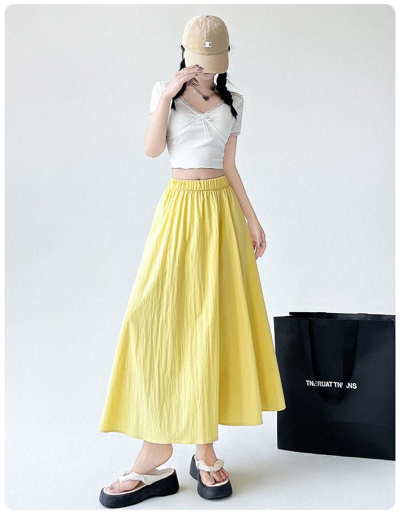 Women's Yellow High-Waist Ice Silk Pleated Long Skirt - Summer A-Line Slimming Design