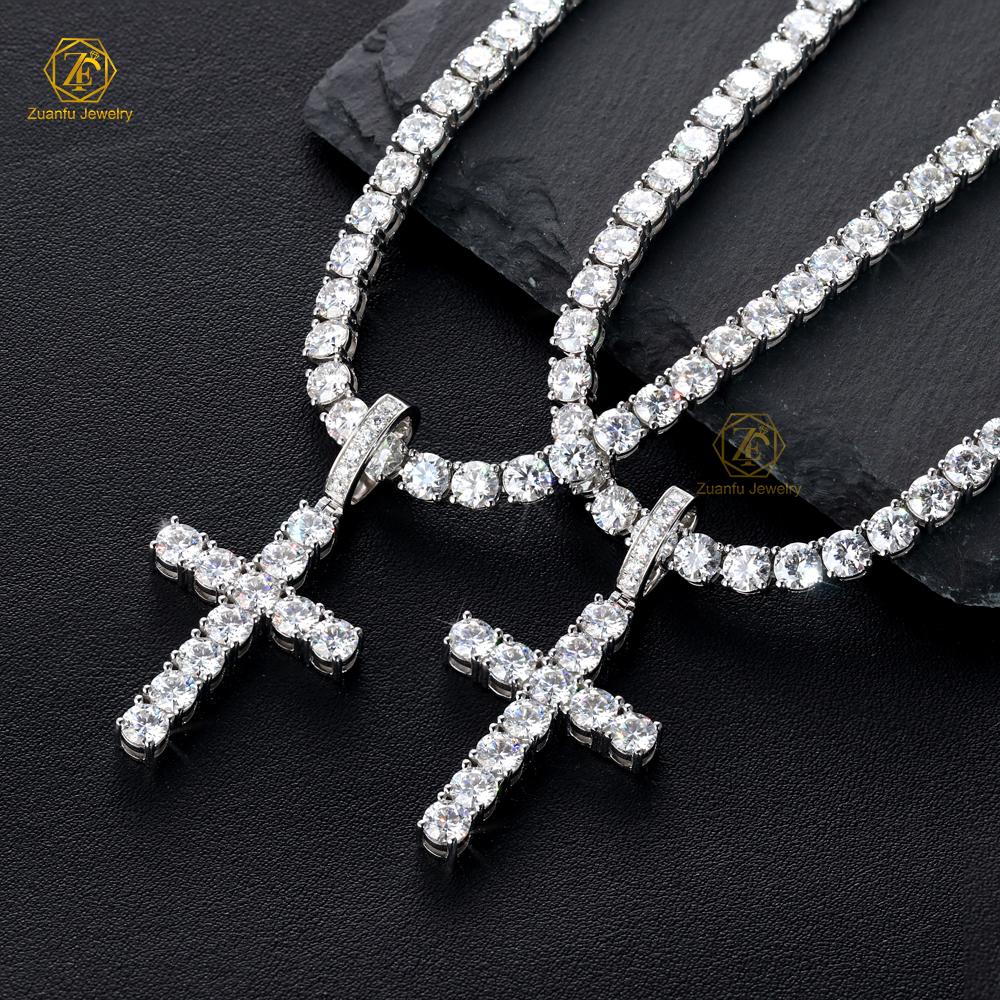 Ready to Ship 925 Silver Iced Out 5mm Round Brilliant VVS Moissanite Cross Pendant Hip Hop Style Gold Plated Men's Fine Jewelry