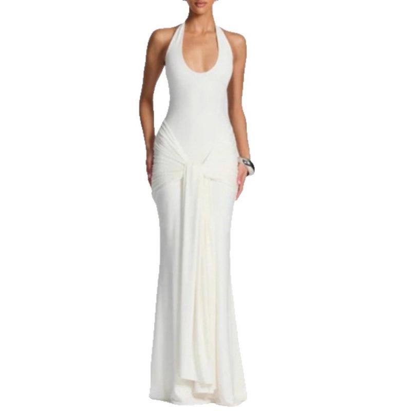 2026 European & American Spliced Ribbon Camisole Halterneck Slim Fit Long Dress