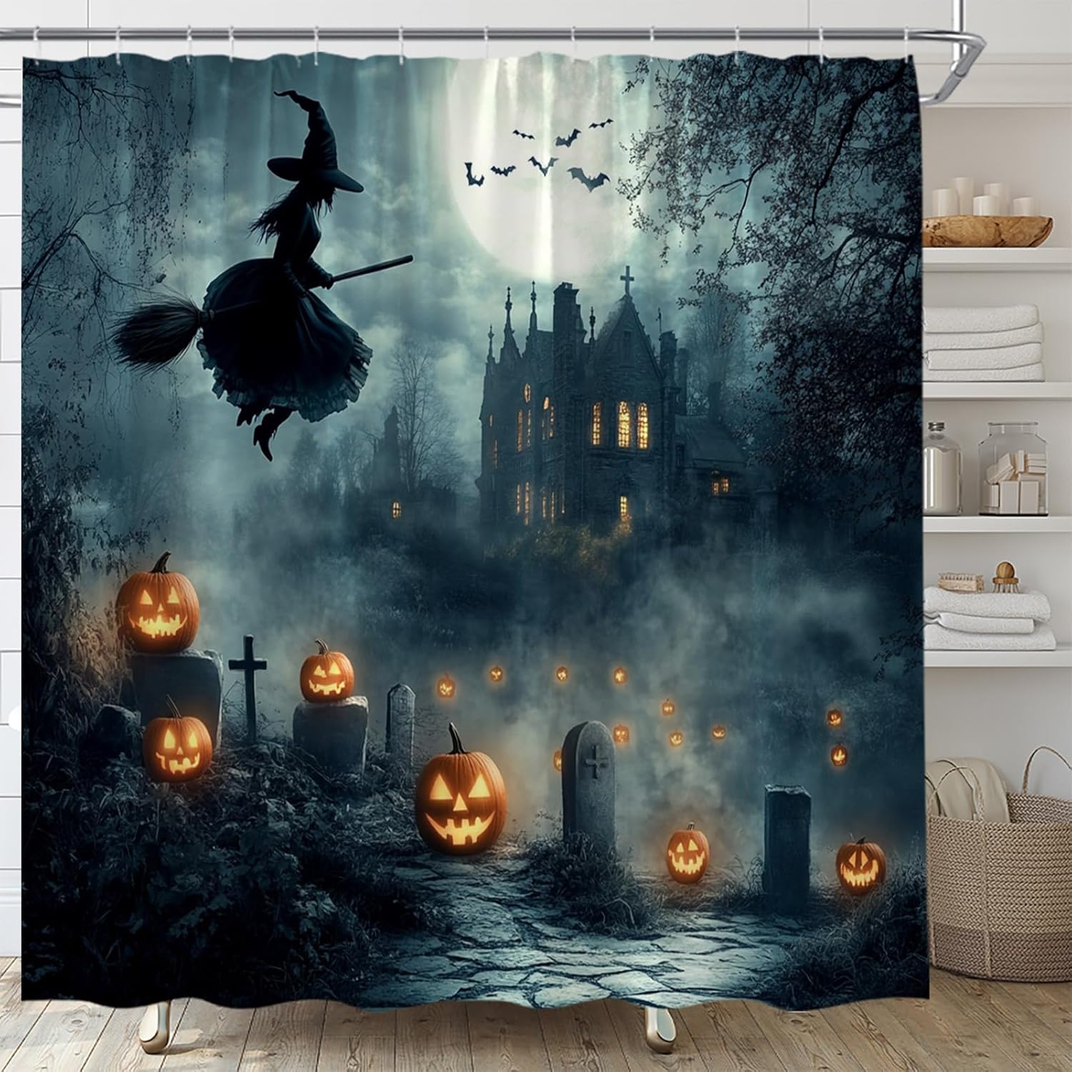 

Шторка для душа на Хэллоуин Готическая Жуткая Магическая Ведьма Замок Дом с привидениями Ужас Кладбище Тыква Ткань Декор для ванной 90x180CM