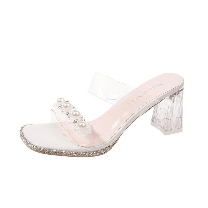 French High-heeled Slippers Women's Summer Outer Wear 2025 New Pearl Small Fragrant Style Transparent One-word Drag Thick-heeled Crystal Sandals