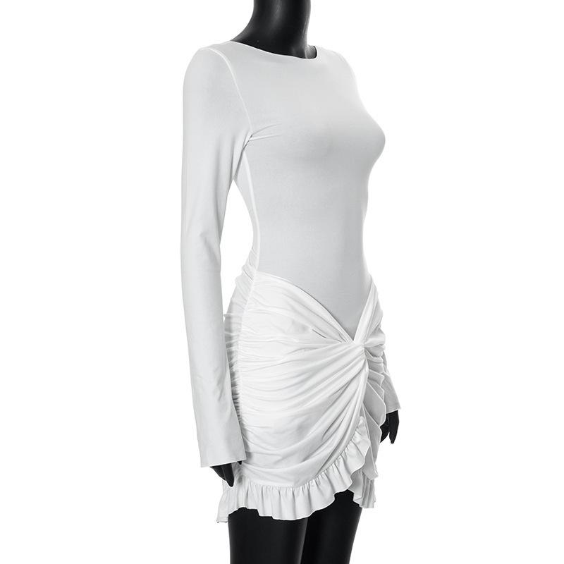 Women's Autumn Temperament Solid Color Long Sleeve Twist Decorative Slim-fit Wrap Buttock Dress