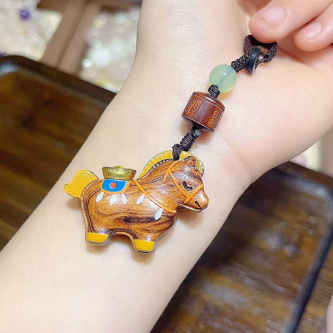 Zodiac Horse Wood Carving Pendant with Copper Coin Tassel Keychain and Phone Strap