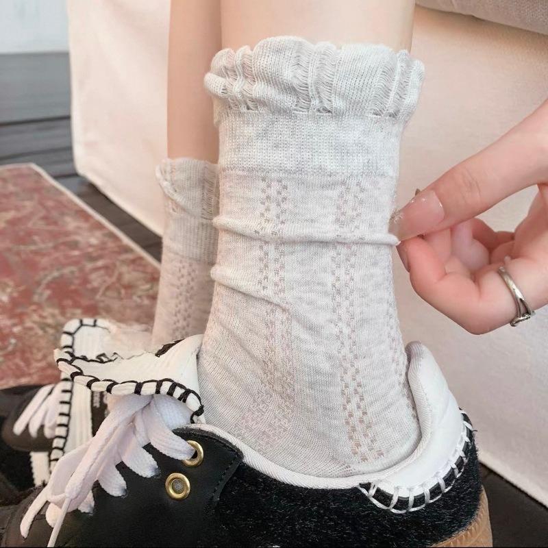 Gray Lace Stockings - Summer Lightweight Ankle-length Cotton Stockings with Ballet-style Stacked Design