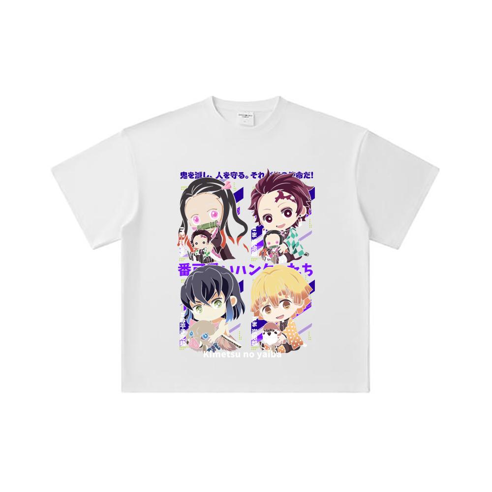 Camiseta Unissex de Algodão Pesado 260 GSM Fio Duplo 32 Contagem 100% Algodão Demon Slayer V80 Hashiras Estampa Chibi