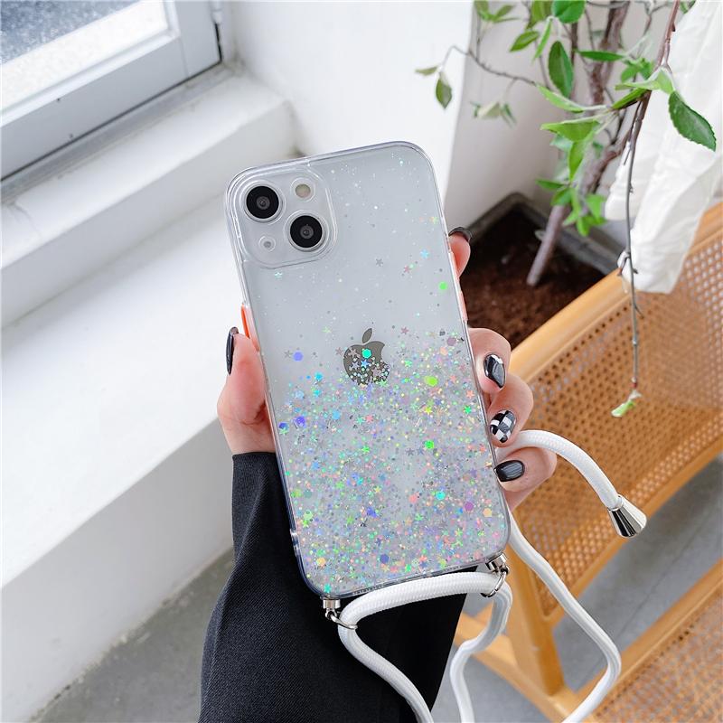 New Glitter Sequins Gradient Clear Necklace Strap Lanyard Phone Case For iPhone17 16 13 12 11 Pro Max14 15 Plus Soft Cover