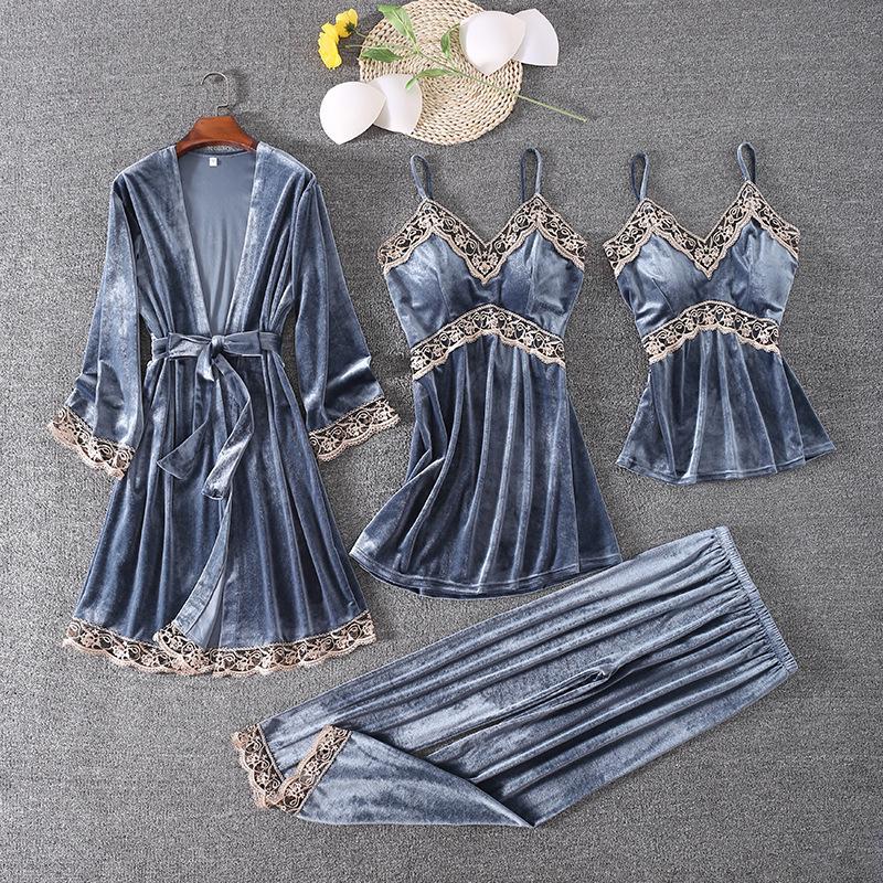 1011 Golden Velvet Pajamas Homewear Four-piece Set, Suspender Pajamas Sexy Ladies Pajamas Autumn and Winter Warm Pajamas