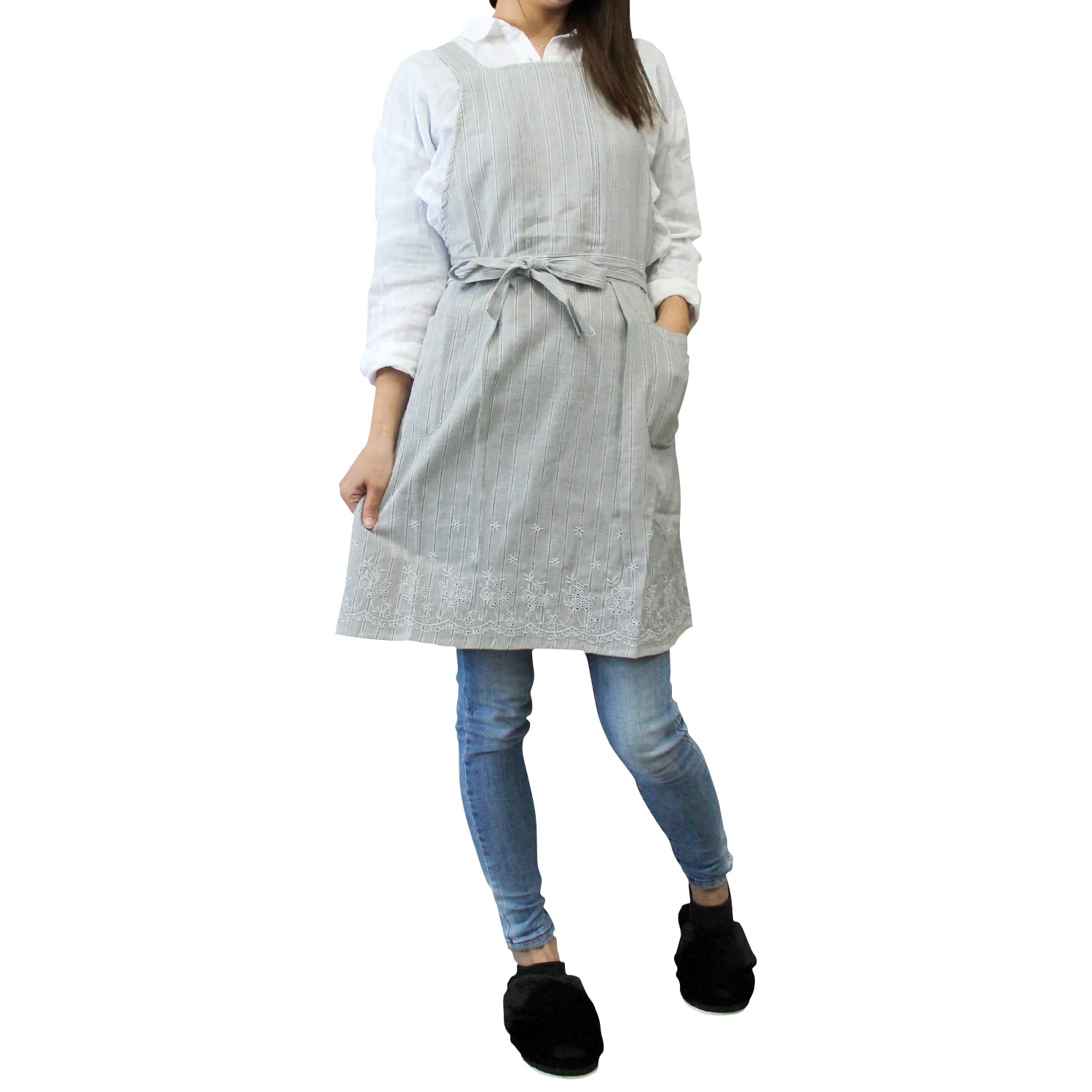 

Полосатый фартук с перекрестной спинкой и вышивкой GY [Hima Japan], Фартук, Подол с добавлением льна, AP42233, M-L