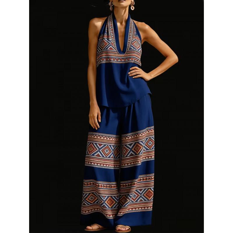 1116 Summer Cool Neck Suit Women's Temperament V-Neck Off-Shoulder Top + High Waist Wide Leg Pants Two-piece Set