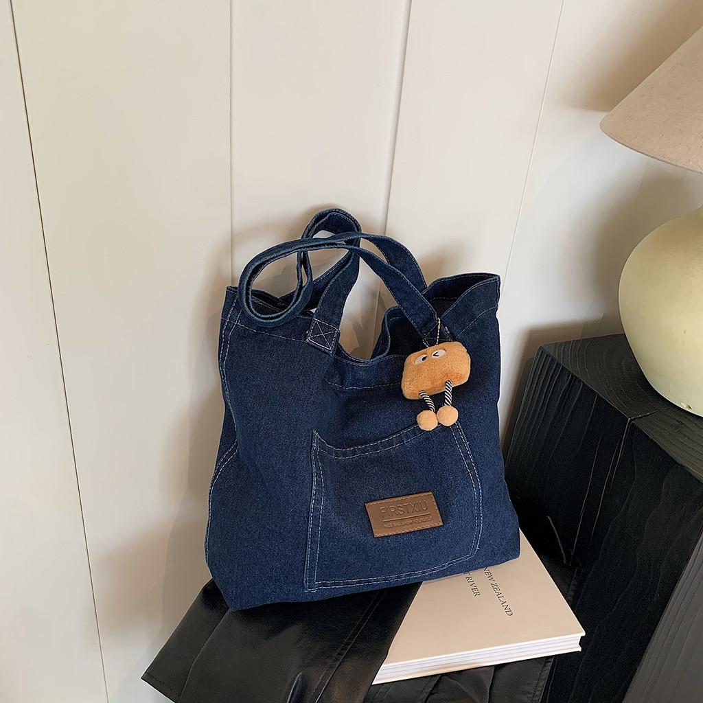 Trendy Korean Style Casual Large Capacity Tote Bag In Deep Blue Soft Denim Fabric