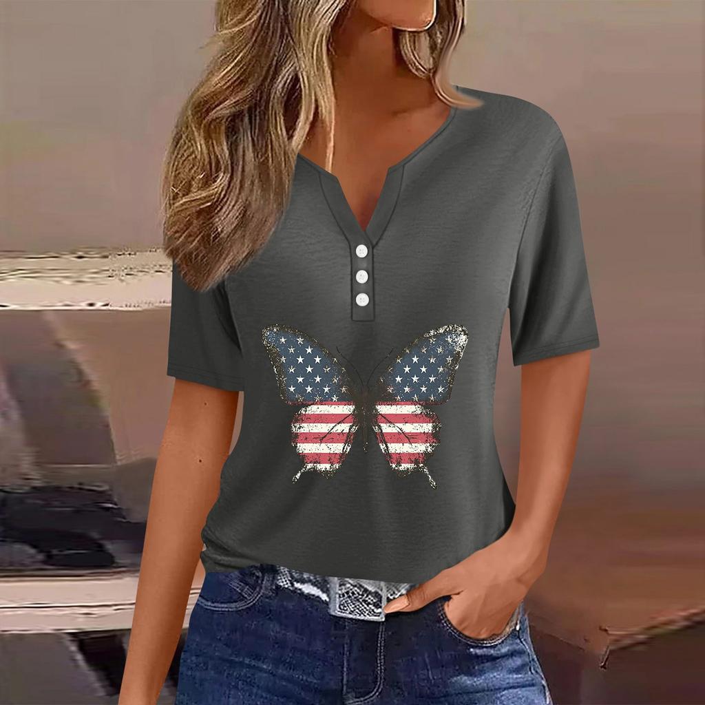 Women's T Shirt Tee Independence Day Print Button Short Sleeve Daily Weekend Fashion Basic V-Neck Regular Top