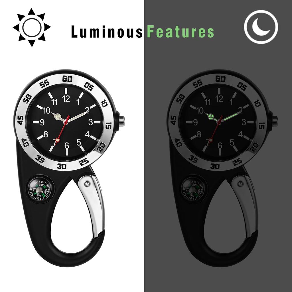 Karabineruhr mit leuchtendem analogem Taschenuhr-Zifferblatt, Krankenschwester-Outdoor-Zubehöruhr, Clip-on-Schlüsselanhänger, wasserdicht, Anzeige, Kompass, Uhr, Uhr, Schwarz,