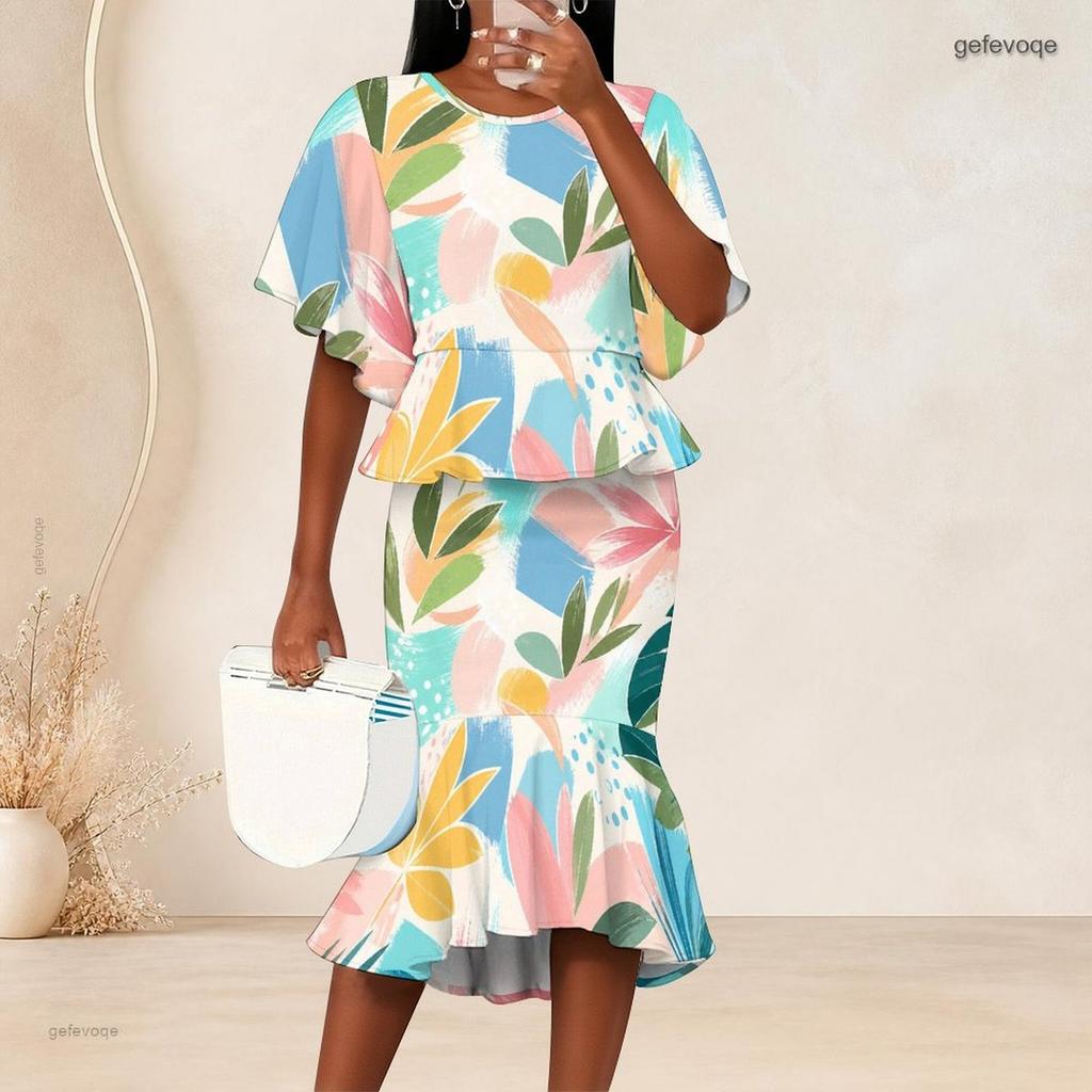 Women Plus Size Round Neck Printed Batwing Sleeve Ruffle Hem Top Fishtail Skirt Two Piece Set