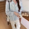 Real Shot Blue Long-sleeved Shirt Jacket Women's Spring and Summer Striped Shirt with Sunscreen Clothes Cardigan