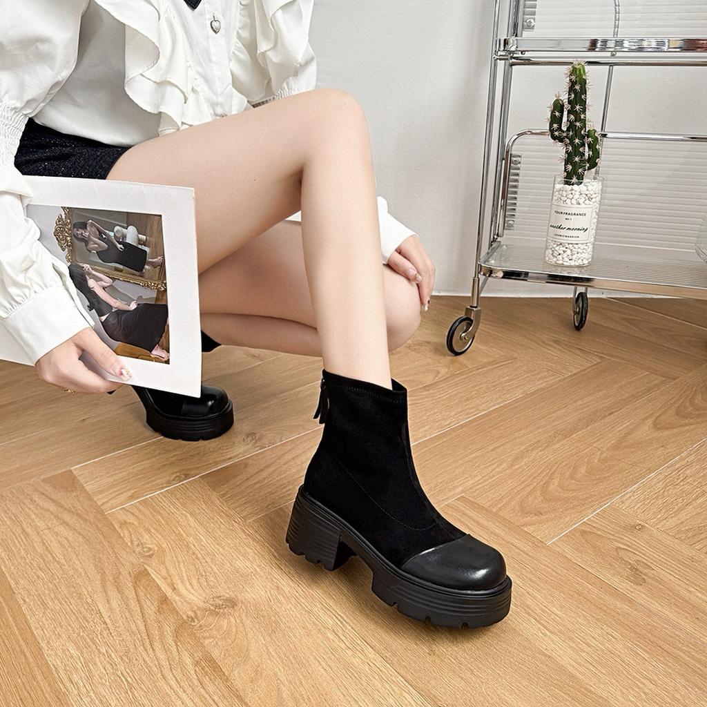 Thick-soled Thin Boots Women's Autumn and Winter New Round Head Muffin Heel Zipper Short Boots Elastic Boots Trendy Shoes