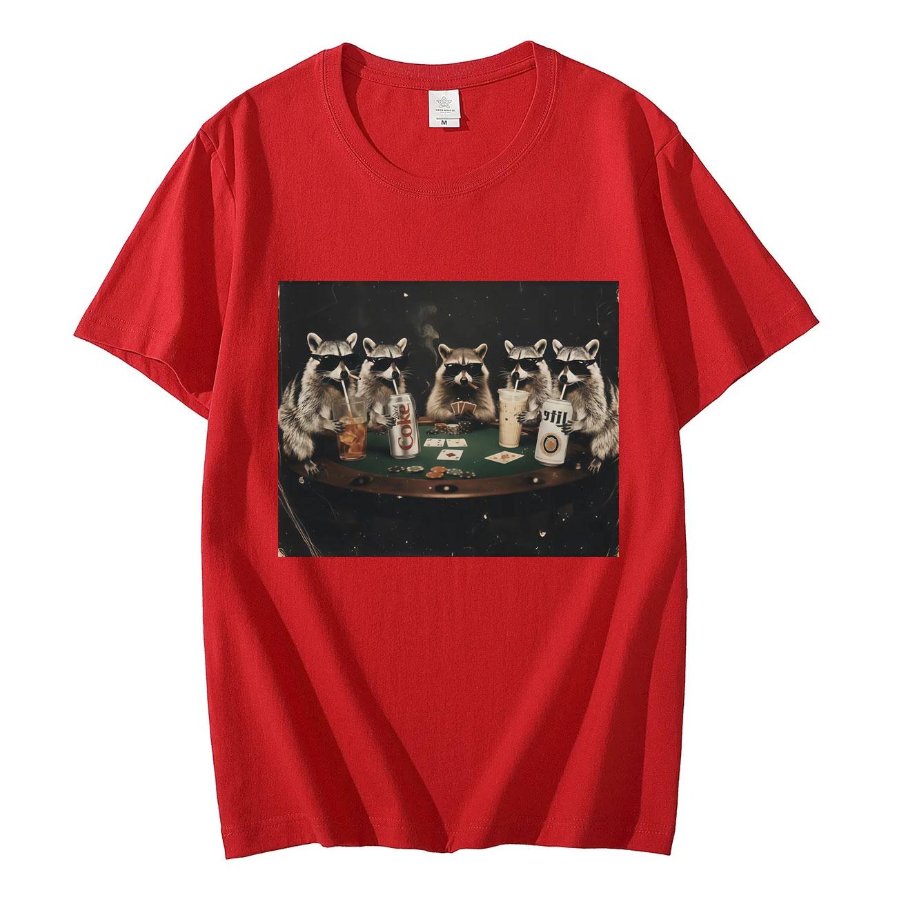 Drinking Iced Coffee Raccoon Poker Night Funny Meme T Shirt Fashion Vintage Short Sleeve Tshirt Unisex Women Casual Loose Tshirts 4XL