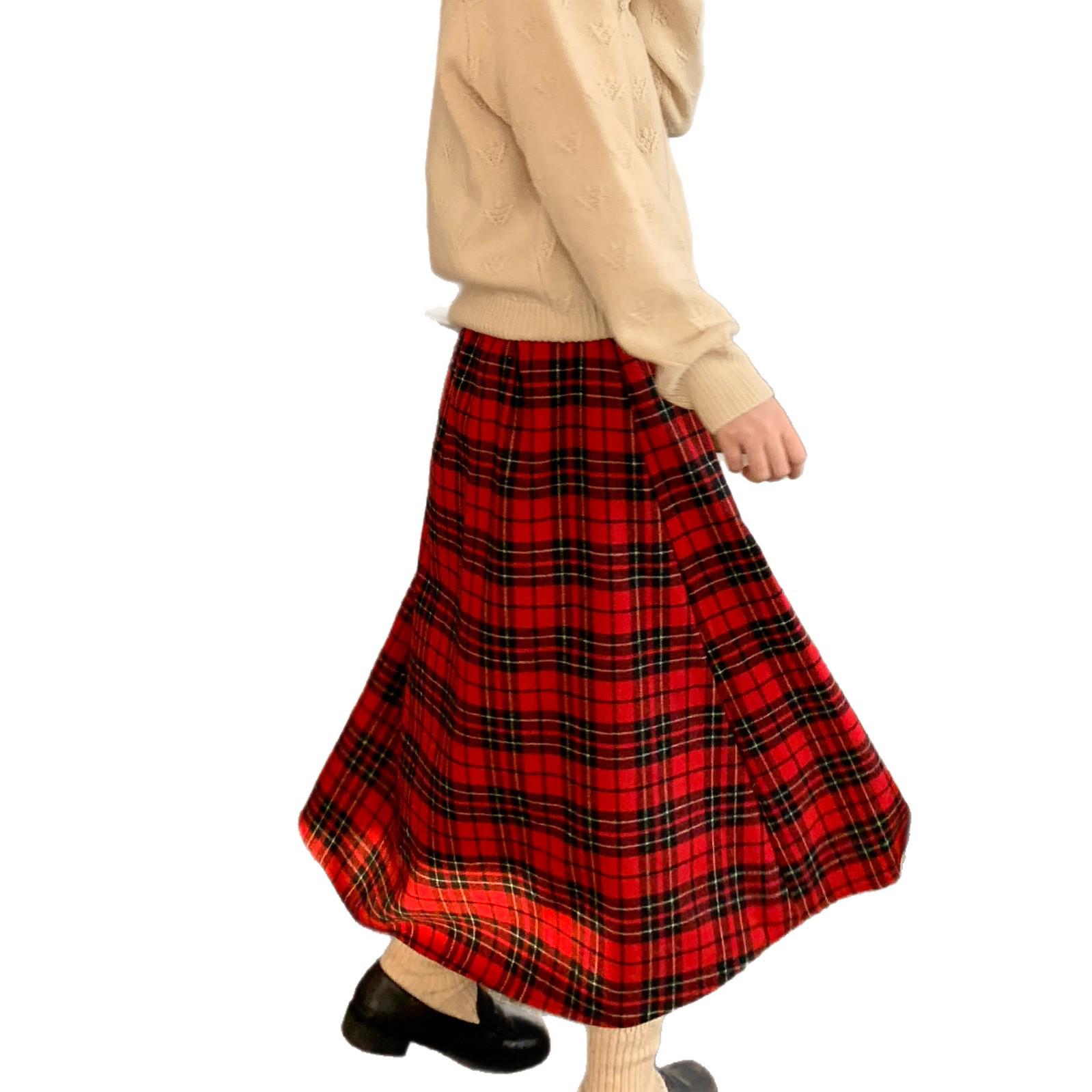 JOENG Vintage Academy Red Plaid Pleated Wool Mid-length Skirt M