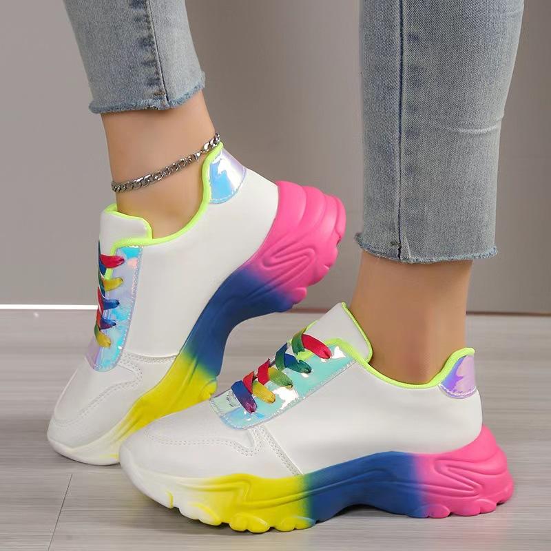 Fashion Sneakers Women's Platform Sports Shoes Rainbow Lace Up Multicolor Real Leather Vulcanize Shoes Casual Running Shoe Footwear