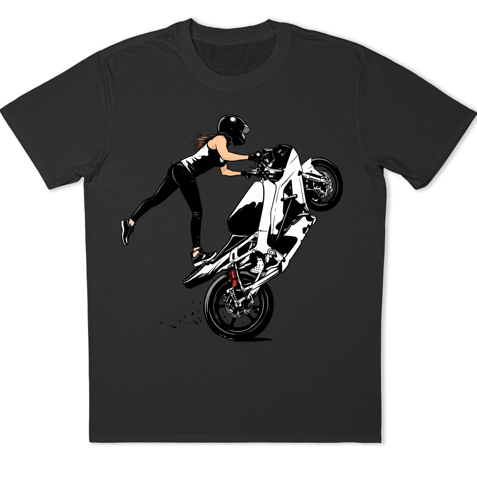 Biker Girl Stunt Wheelie T-Shirt Sportbike Motorcycle Rider Graphic Tee . XS