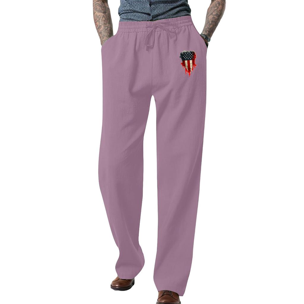 Men's Loose Casual Color Cotton Linen Trousers Elastic Tie Printed Straight Pants