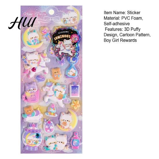 Glow-in-the-dark Stickers 1/4 Sheets Luminous 3D Puffy Sticker Cartoon Cat Food DIY Phone Case Notebook Scrapbooking Decorative Preschool Teacher Boy
