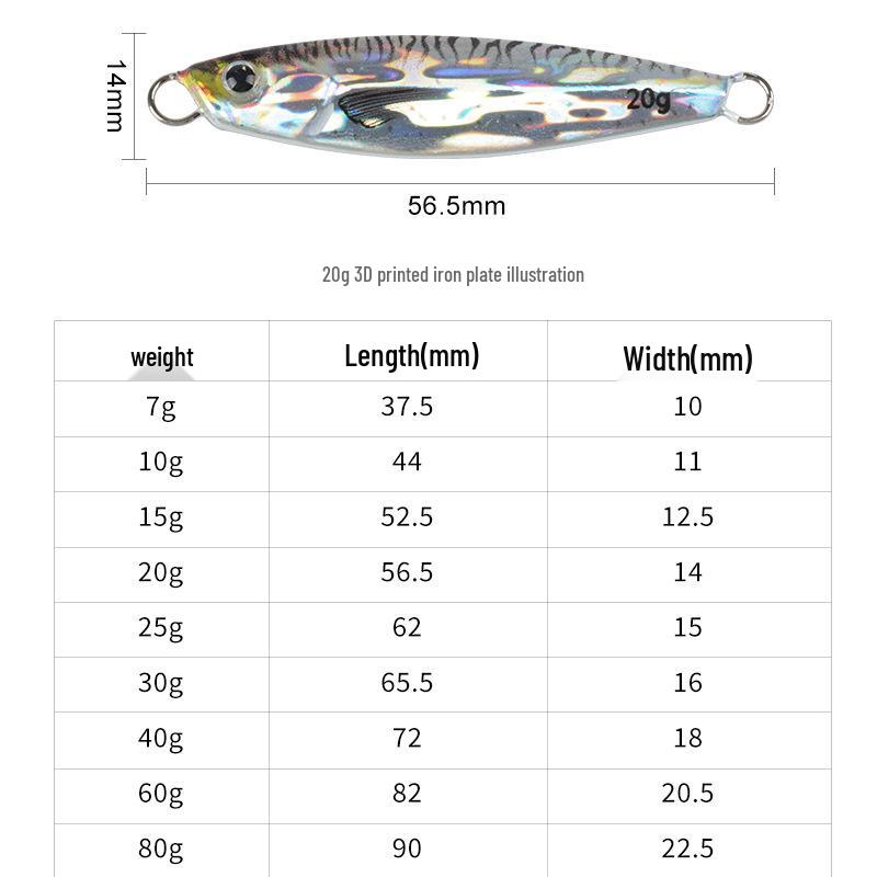3D-gedruckter Rapid Retrieve Eisenplatte Köder für Meeres- und Süßwasserfischen - Köder für Spanische Makrele in den Größen 10g, 20g, 30g, 60g.