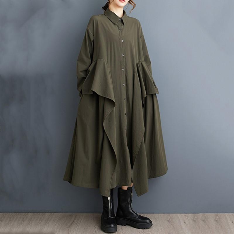 

Длинный рукав Большие размеры хлопок винтажные оборки новые платья для женщин повседневные свободные весна осень рубашка платье армия зеленый