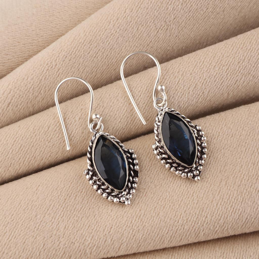London Blue Topaz Gemstone Silver Earrings 1.6", 925 Sterling Silver Handmade Topaz Wedding Jewelry AEE-4-9