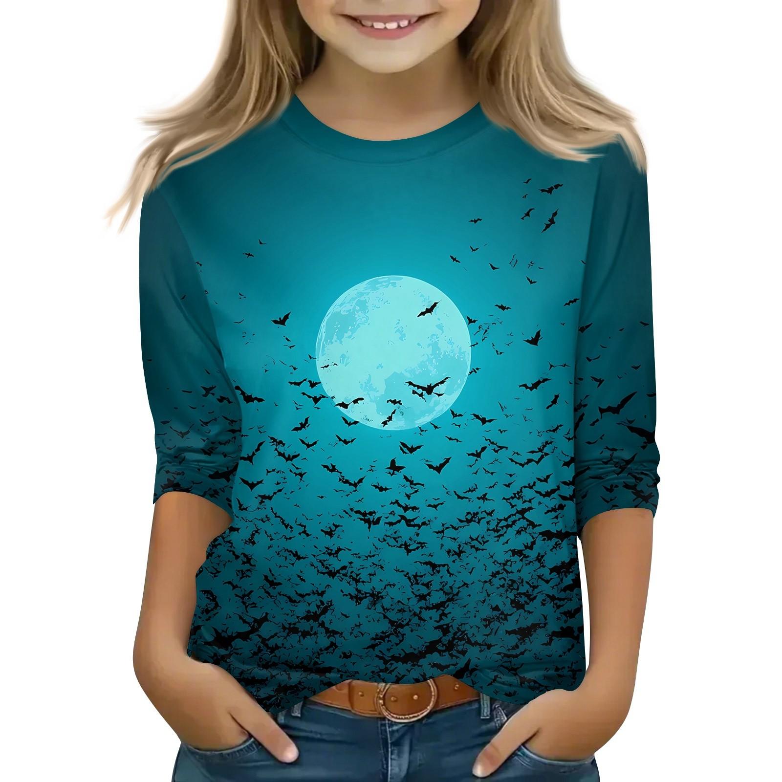 

Детские топы с рукавом 3/4, повседневная футболка с принтом на Хэллоуин, пуловер-блузка с круглым вырезом 140 циан