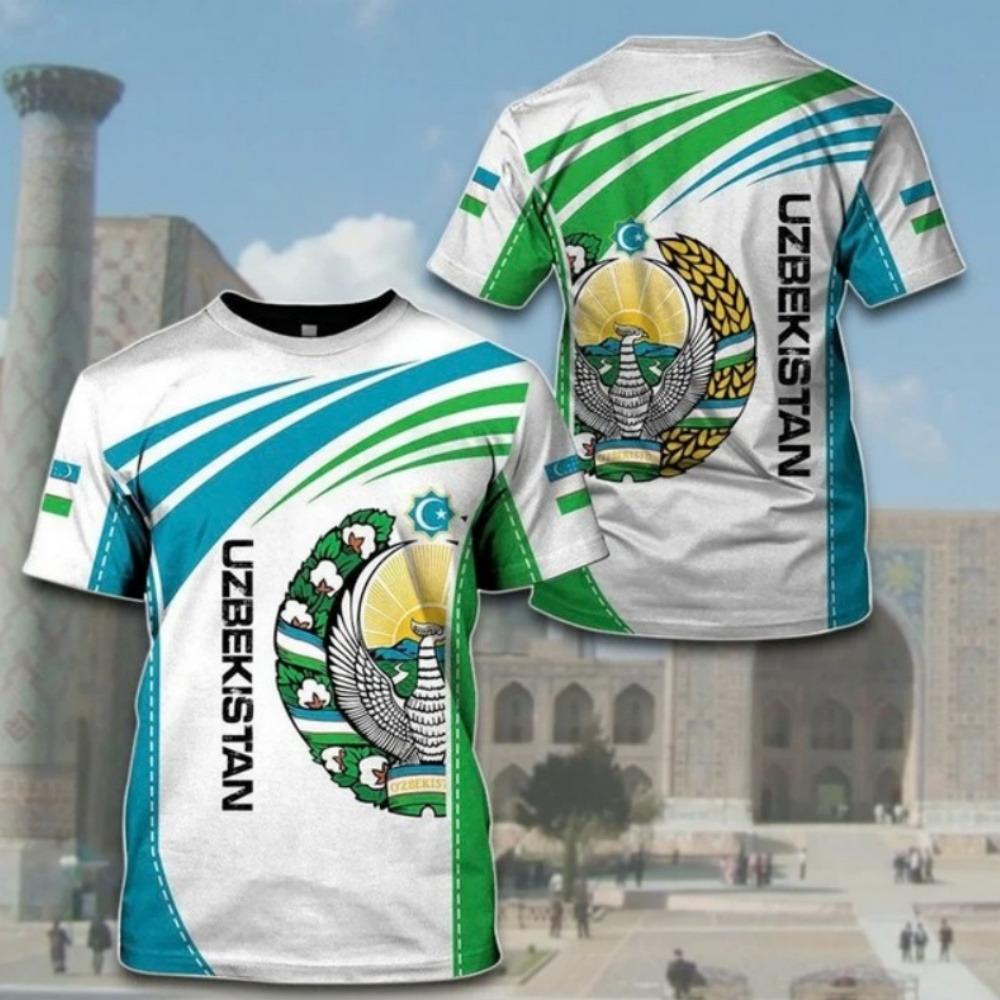 Men Uzbekistan National Flag Print T-Shirt Football Sports Pattern T-Shirts Casual Short Sleeve O-Neck Loose Soccer Fans Tees