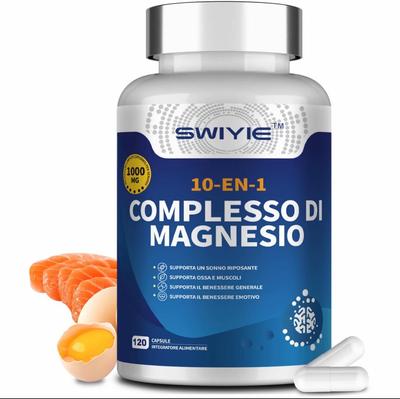 SWIYIE Complexe de Magnésium 10-en-1 1000mg - Complément avec Glycinate Taurate, Gélules Végétales pour le Soutien Musculaire, Cardiaque et la Relaxation 120 gélules.