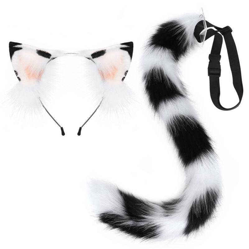 Anime-Cosplay Props Cat Ears and Tail Set Plush Furry Animal Ears Hairhoop with Cat Tail Fancy-Dress Party Costumes