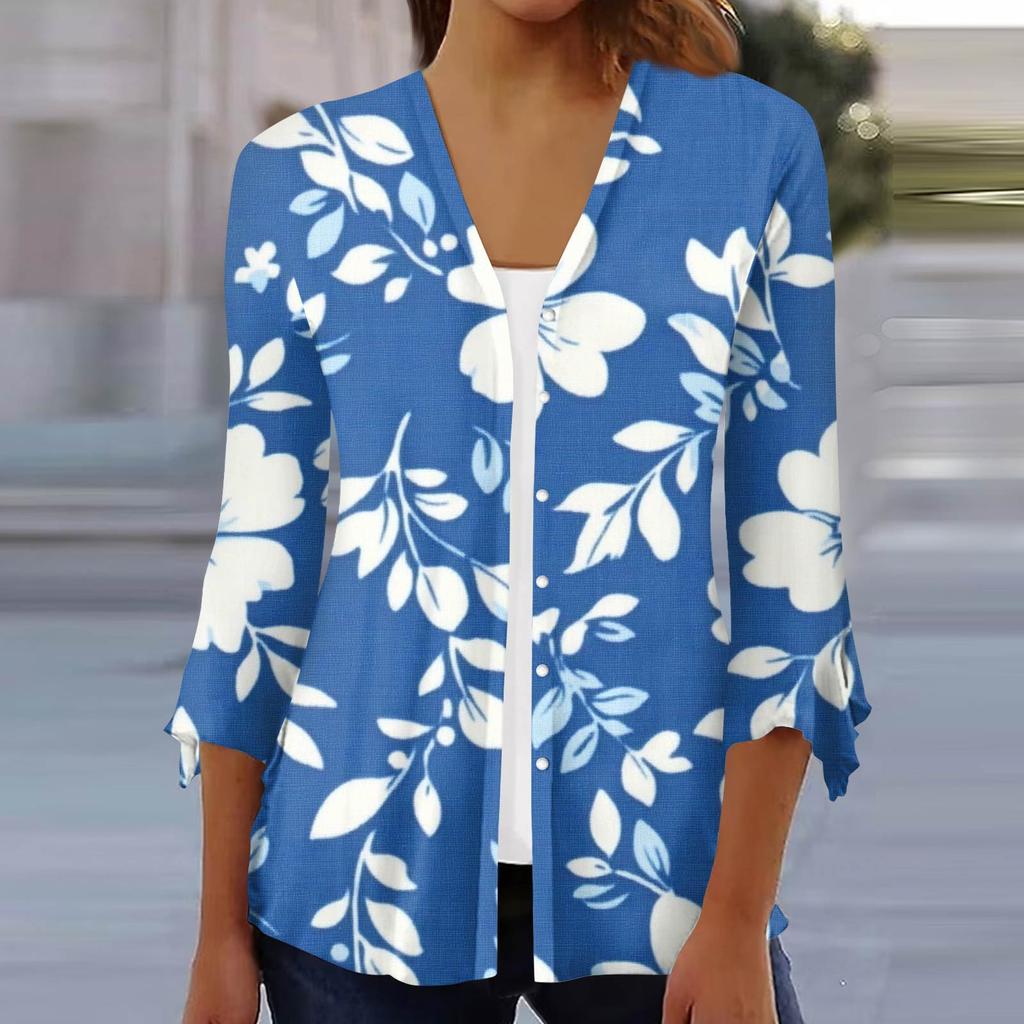 Moda Donna Blusa Cardigan Top Manica a Sette Parti Stampata Casual Ampia