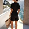 Women's Linen Cotton Breathable Loose Casual V-neck Tie-front Shirt Jumpsuit Shorts