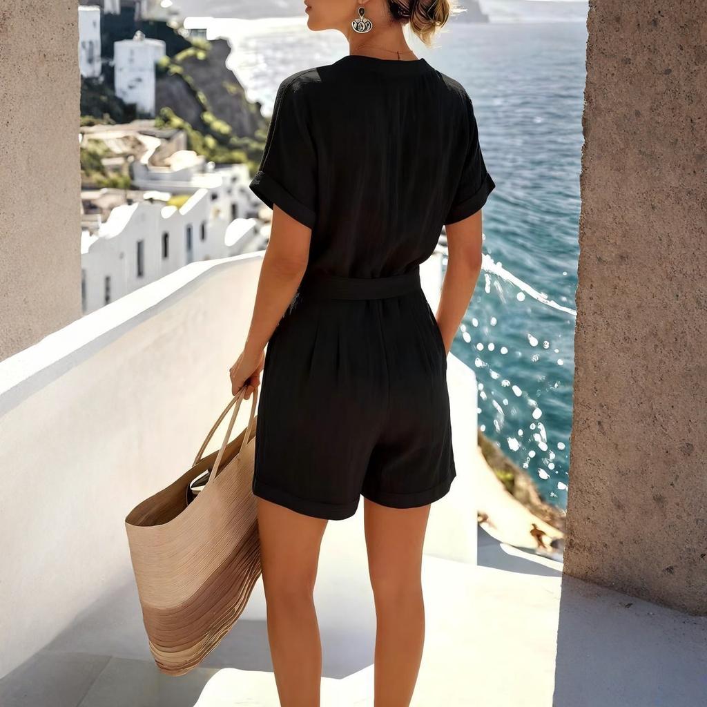 Women's Linen Cotton Breathable Loose Casual V-neck Tie-front Shirt Jumpsuit Shorts