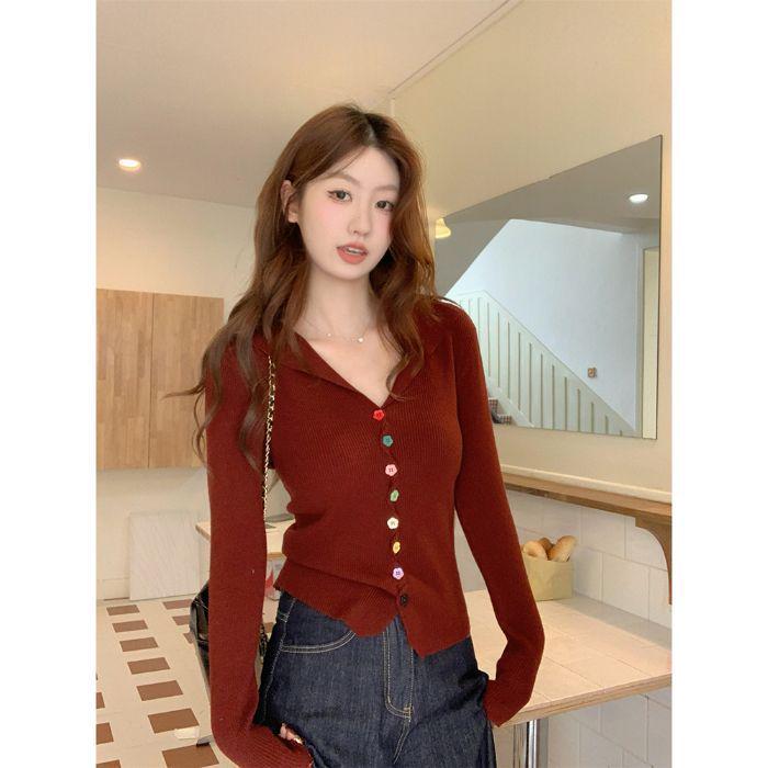 

Вязаный свитер с длинным рукавом в корейском стиле, колор-блок, воротник на пуговицах - Осенний топ, стройнящий и подчеркивающий фигуру One Size