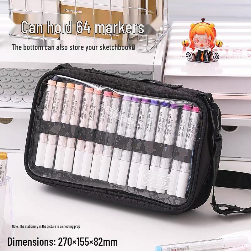 Large Capacity Blue Multi-Layer Storage Bag for 64 Acrylic Markers чёрный
